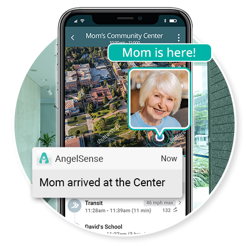 A smartphone showing the AngelSense app with a Mom is here notification on a map