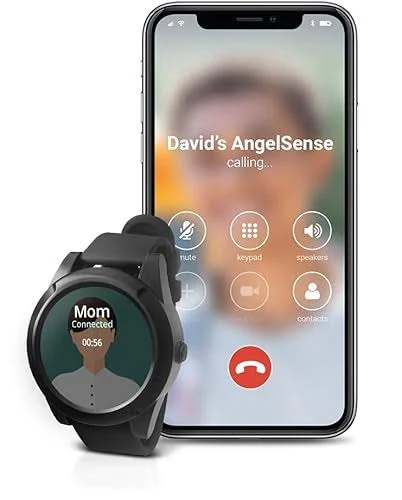 The AngelSense GPS watch shown alongside the companion app on a smartphone